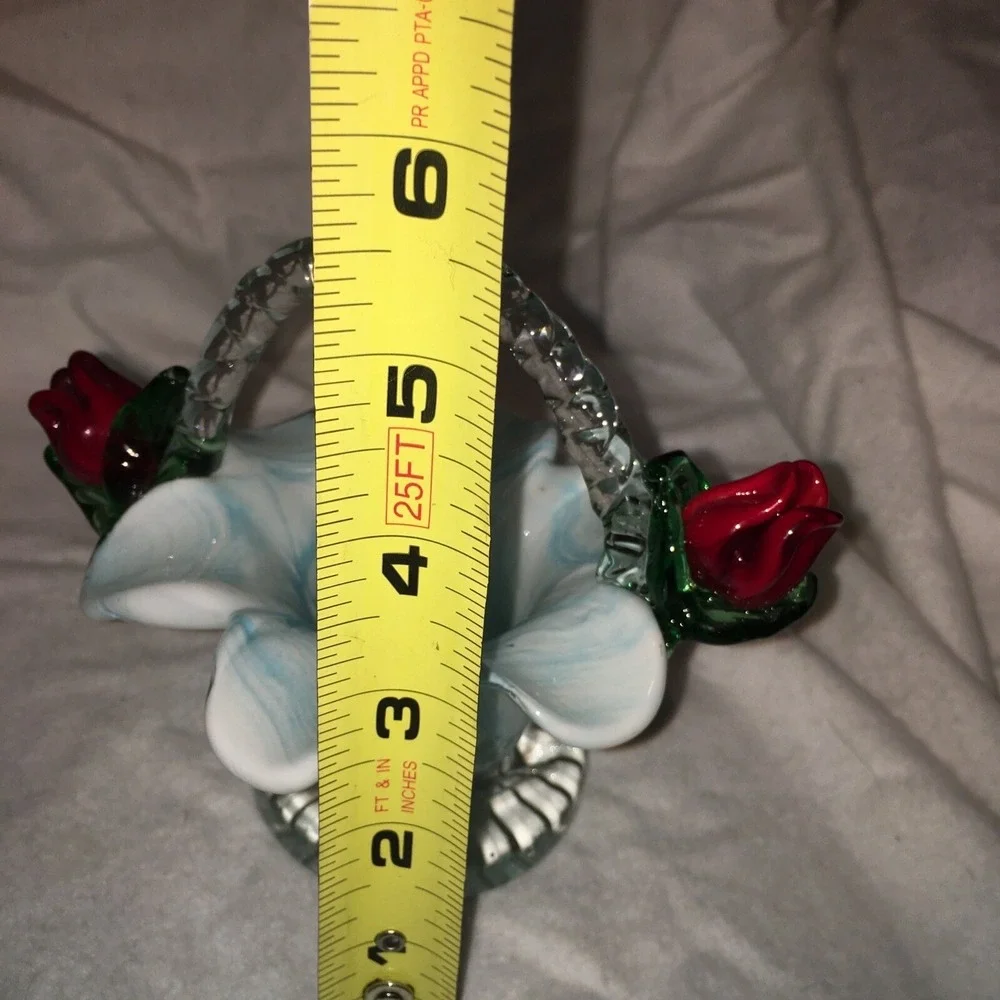 Swirl Blue Red Roses Blown Glass Flower Basket Vtg